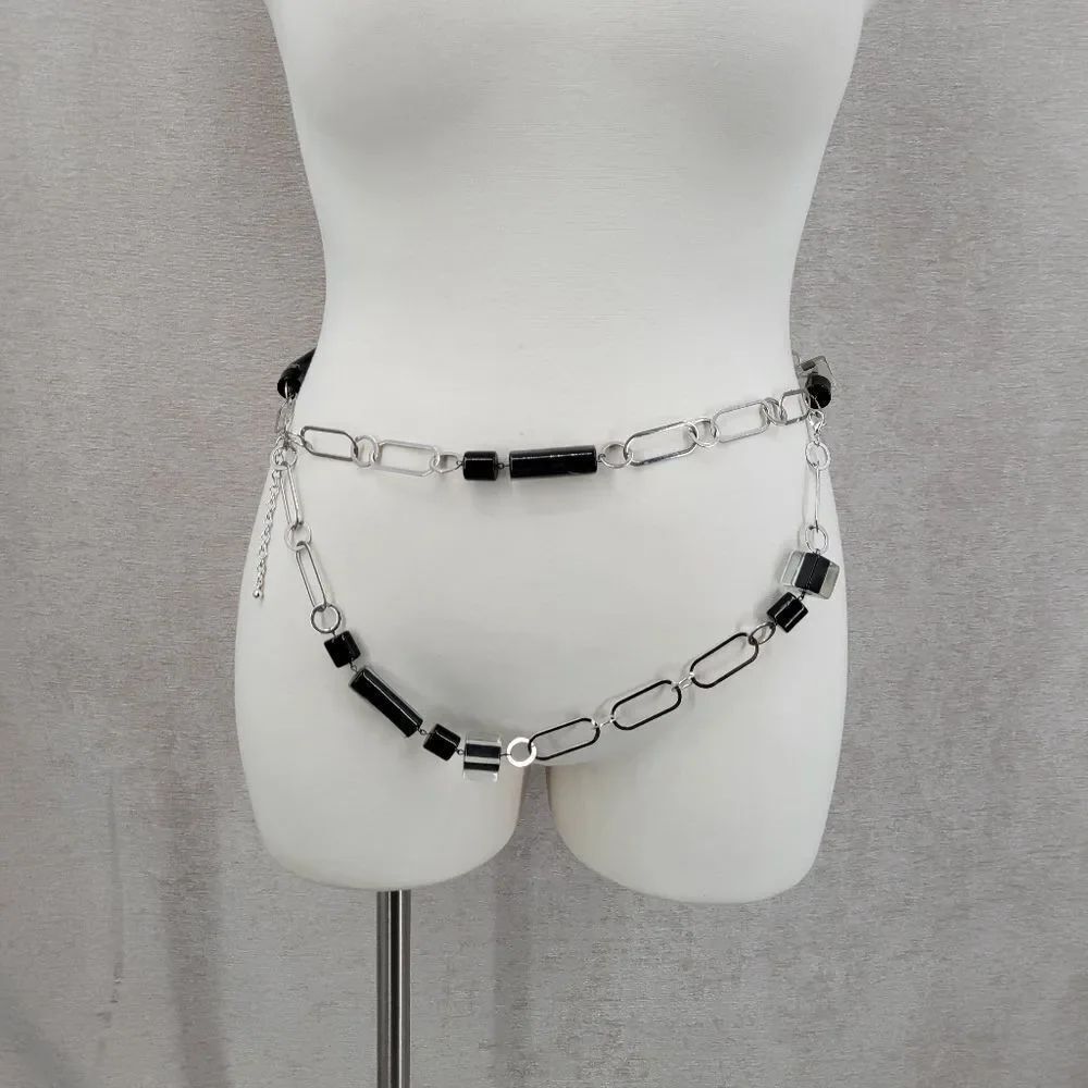 Y2K Black Clear Acrylic Beaded Silver Chain Belt